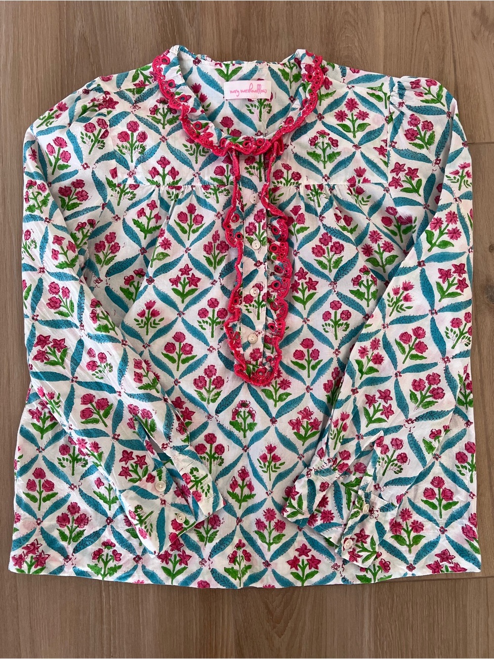 Mary Marshmallow Floral Print Ruffle Trim Blouse Shirt Small Cotton India